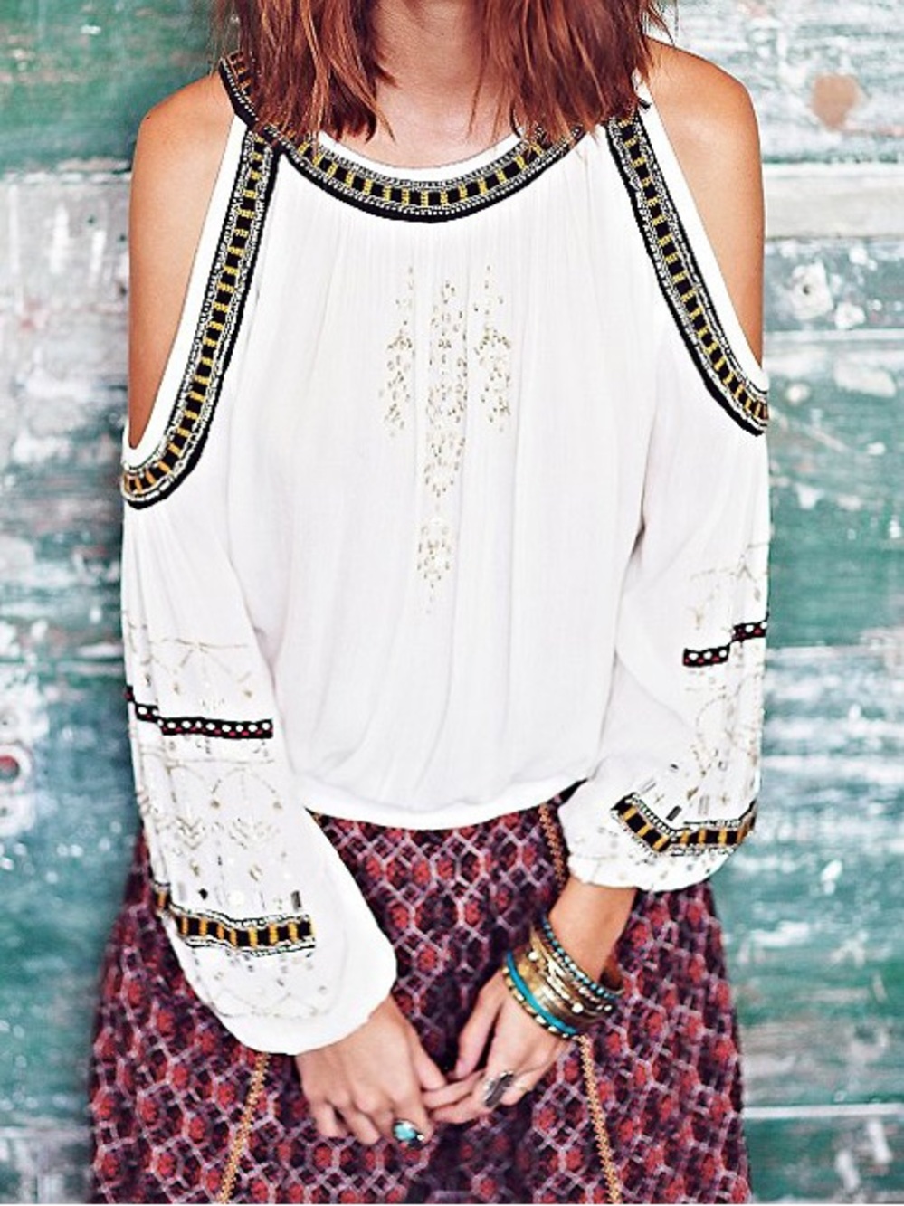 Free People Embellished Cold Shoulder Boho Peasant Blouse Ivory Beaded Top S